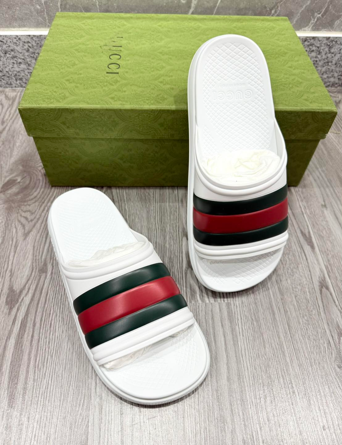  Dép Nam Gucci Ace Web Striped Rubber 'White' 
