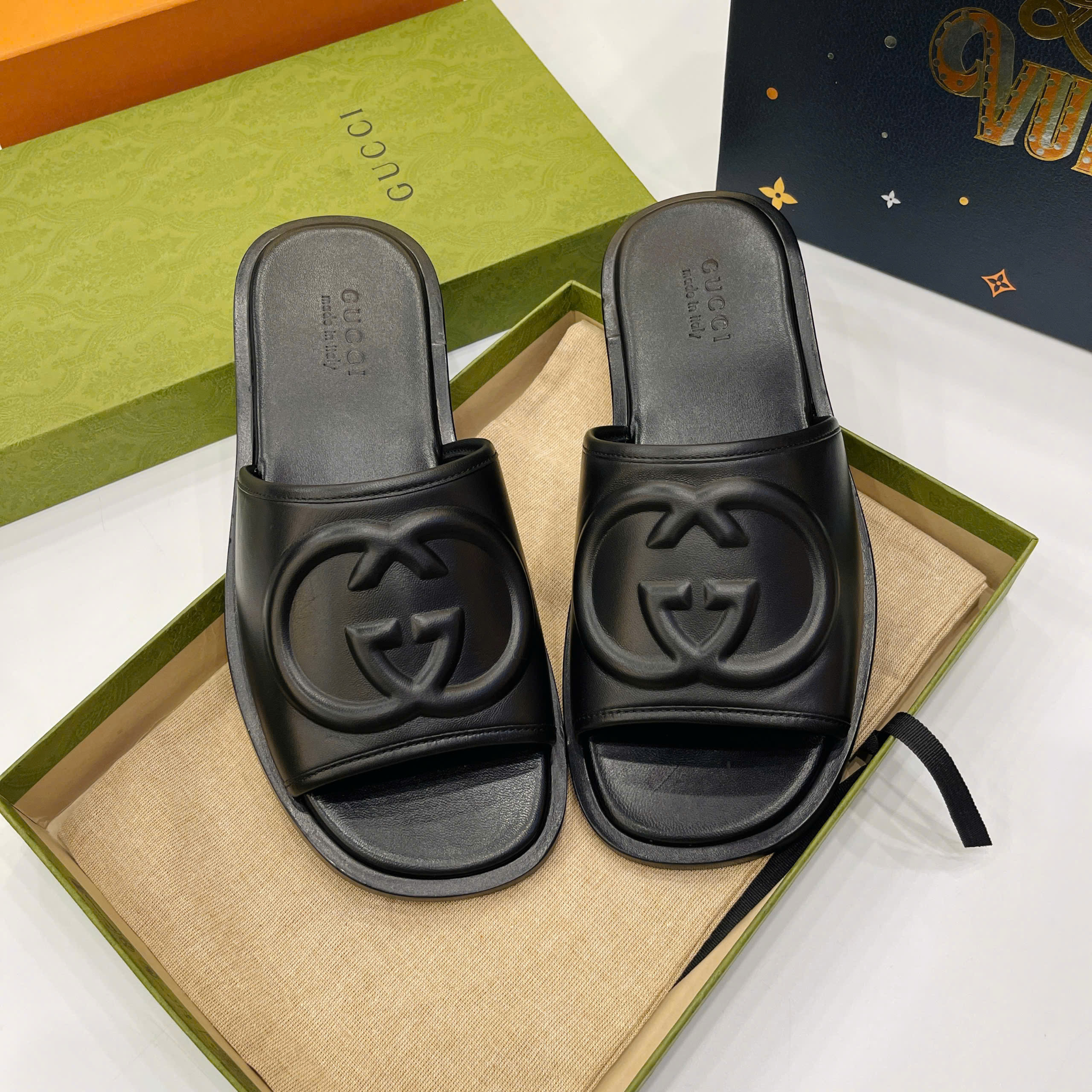  Dép Nam Gucci Slide Sandal Interlocking G 'Black' 
