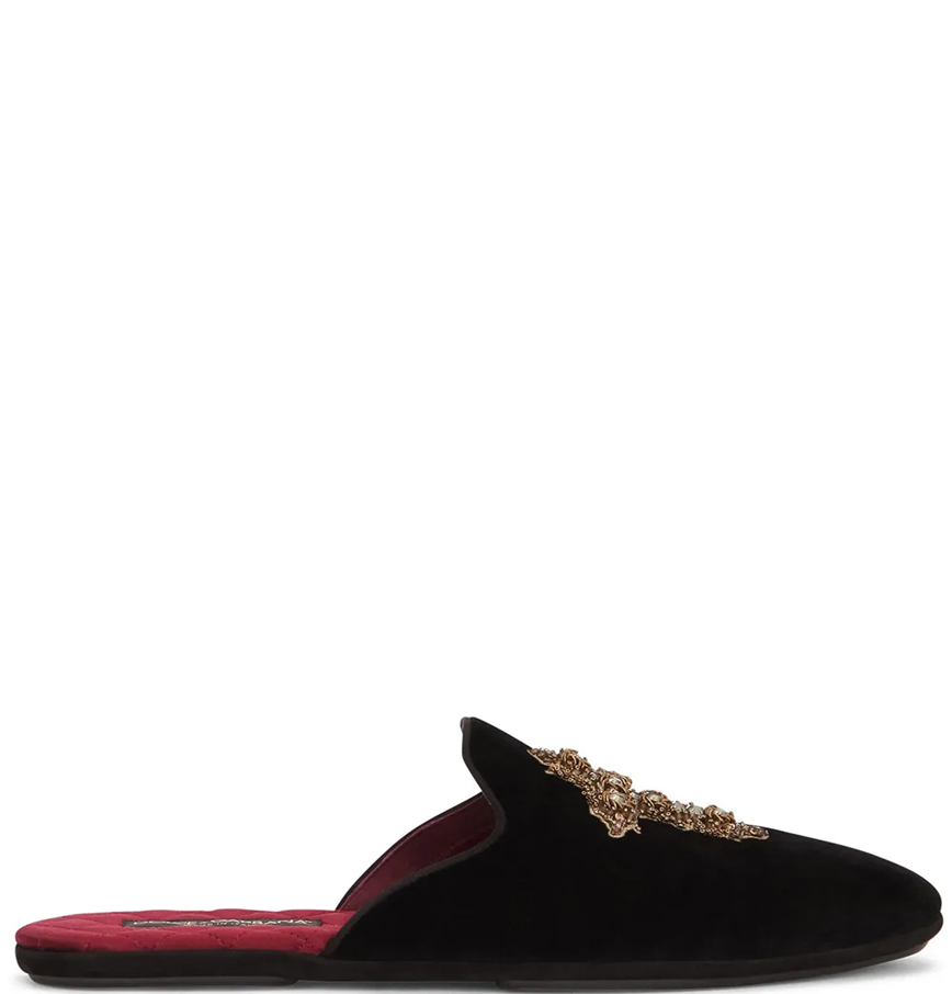  Dép Nam Dolce & Gabbana Crown Embroidered Suede 'Black' 
