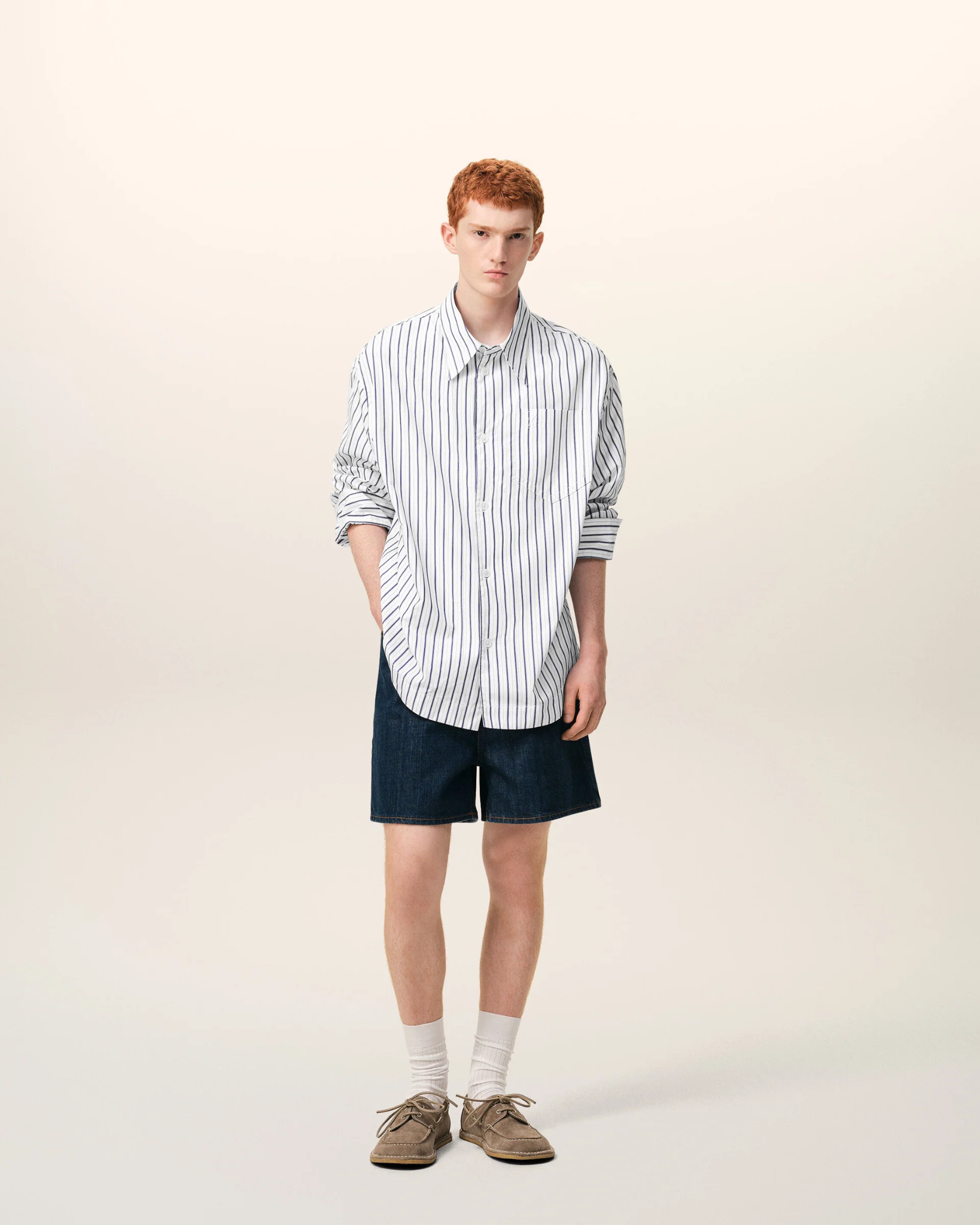  Áo Ami De Coeur Striped Cotton Wide Shirt 'White' 