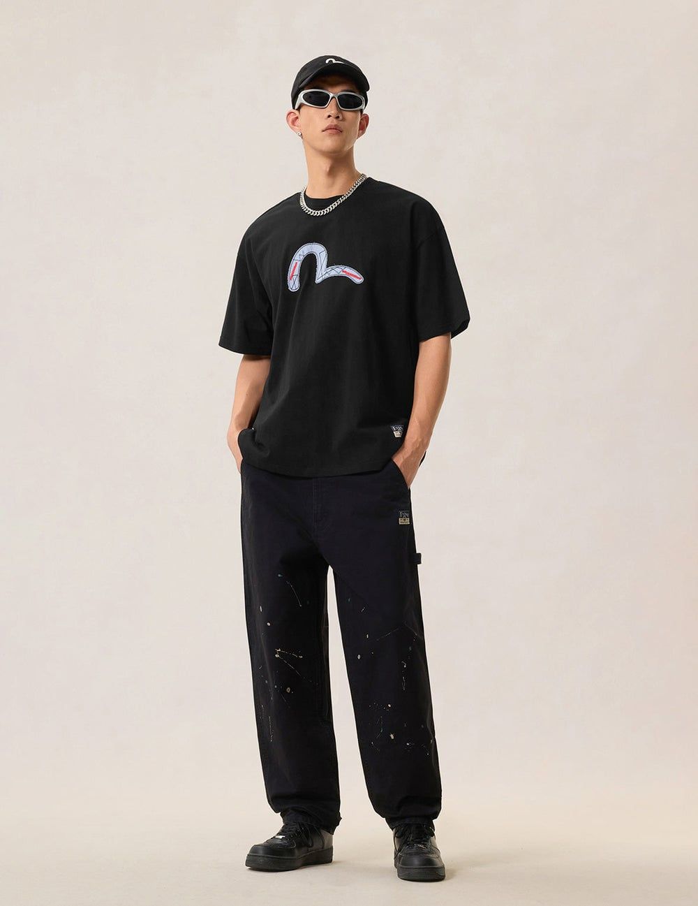  Áo Evisu Fabric Mix Patchwork Seagull T-Shirt 'Black' 