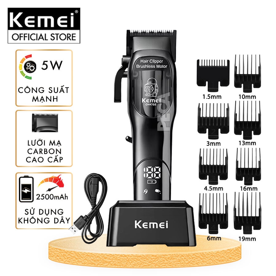 Tông đơ cắt tóc chuyên nghiệp Kemei KM-1766 lưỡi cắt mạ carbon DLC cao cấp có động cơ không chổi than màn hình LCD hiển thị công suất 5W - Chính hãng