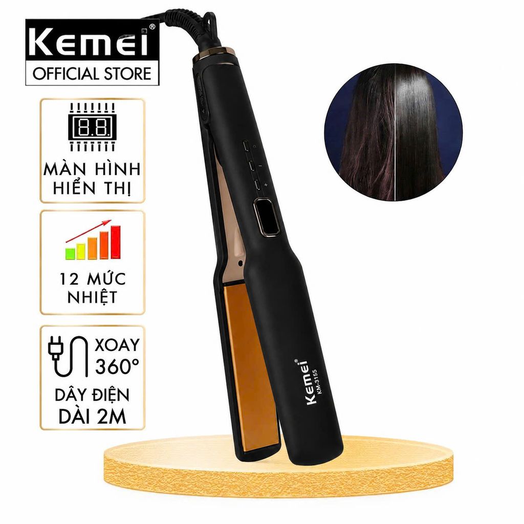 Máy duỗi tóc Kemei KM-3155 bản 3.7cm phủ gốm Ceramic màn hình LED, 12 mức nhiệt, nóng nhanh 30s - Chính hãng