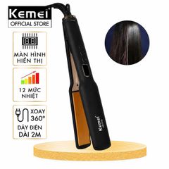 Máy duỗi tóc Kemei KM-3155 bản 3.7cm phủ gốm Ceramic màn hình LED, 12 mức nhiệt, nóng nhanh 30s - Chính hãng