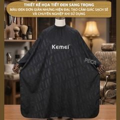 Áo choàng cắt tóc Kemei màu đen chóng thấm nước, điều chỉnh được kích thước nấc vòng cổ, màu đen sang trọng - Chính hãng