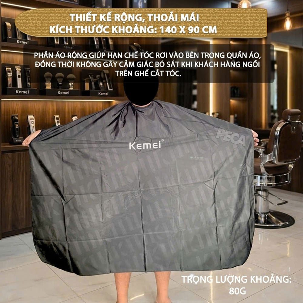 Áo choàng cắt tóc Kemei màu đen chóng thấm nước, điều chỉnh được kích thước nấc vòng cổ, màu đen sang trọng - Chính hãng