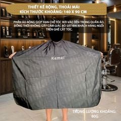 Áo choàng cắt tóc Kemei màu đen chóng thấm nước, điều chỉnh được kích thước nấc vòng cổ, màu đen sang trọng - Chính hãng