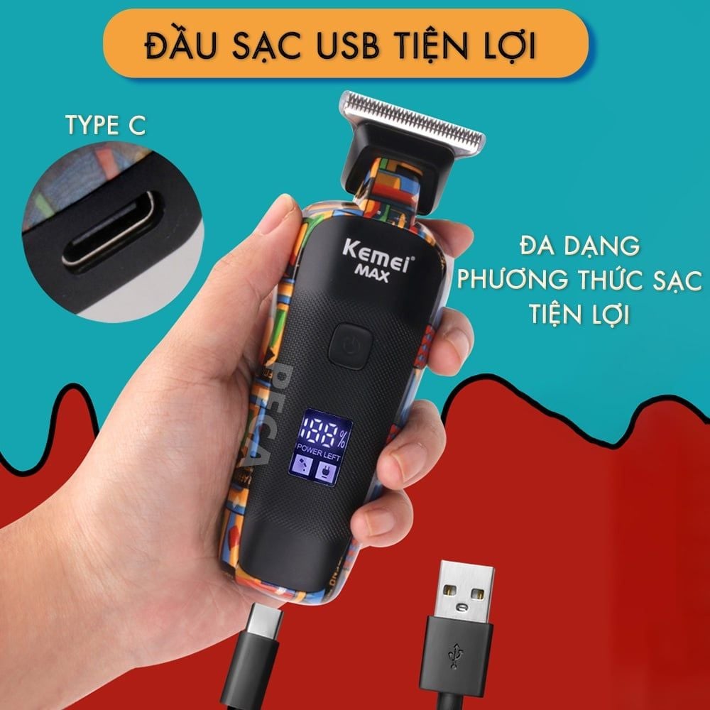 Tông đơ chấn viền Kemei KM-MAX5090 màn hình LCD hiển thị chuyên nghiệp sạc nhanh USB kèm theo 6 cữ lược tiện lợi cắt tóc - Hàng chính hãng