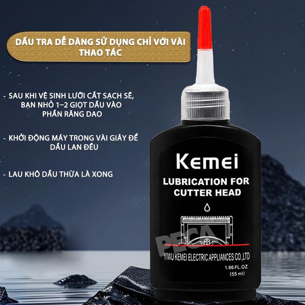 Dầu tra lưỡi tông đơ Kemei 55ml giúp làm mát lưỡi, động cơ hoạt động tốt, bảo vệ lưỡi chống gỉ sét, kéo dài tuổi thọ tông đơ - Hàng chính hãng