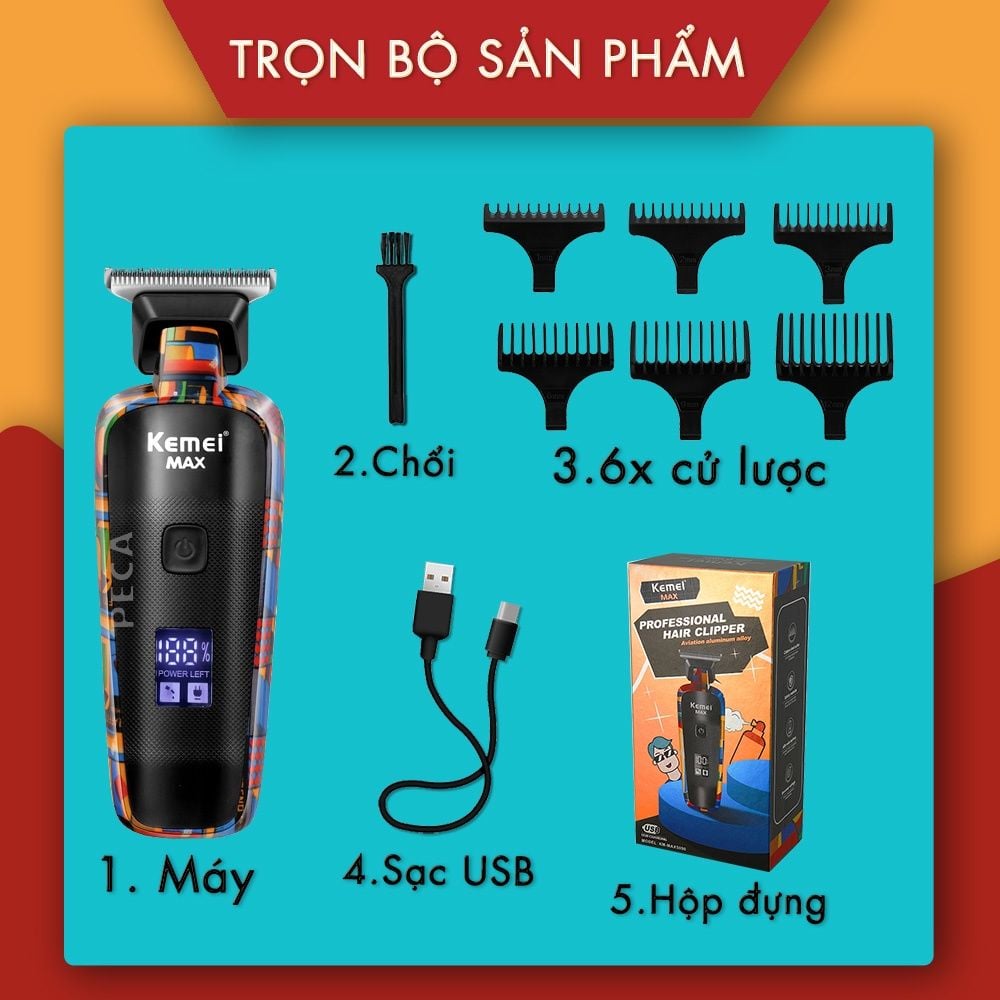 Tông đơ chấn viền Kemei KM-MAX5090 màn hình LCD hiển thị chuyên nghiệp sạc nhanh USB kèm theo 6 cữ lược tiện lợi cắt tóc - Hàng chính hãng