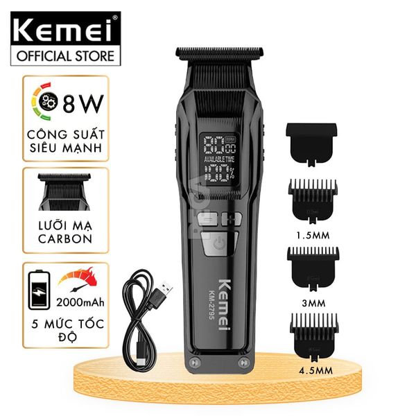 Tông đơ chấn viền Kemei KM-2795 lưỡi cắt mạ carbon DLC cao cấp công suất mạnh mẽ 8W sạc nhanh USB pin lâu - Chính hãng