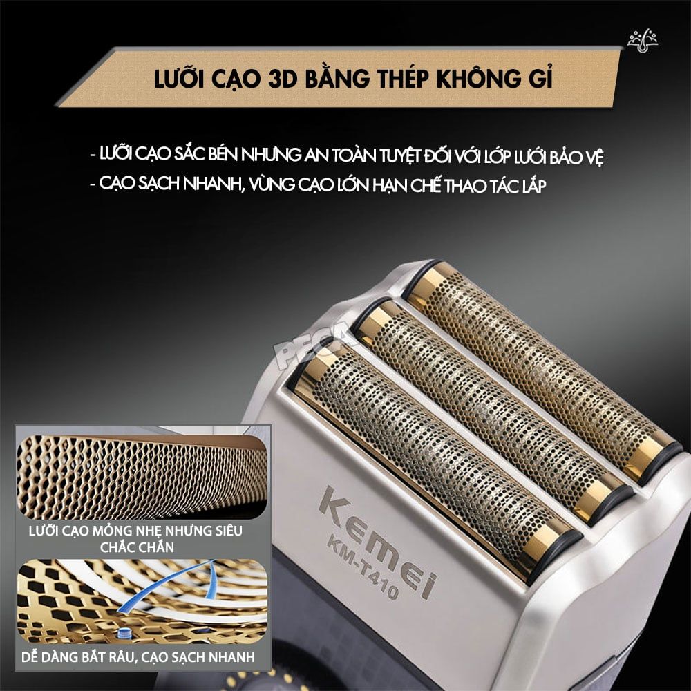 Máy cạo râu Kemei KM-KM-T410 lưỡi nổi 3D điều chỉnh 10 mức tốc độ, cạo sạch nhanh, màn hình LCD, công suất mạnh mẽ 5W - Hàng chính hãng