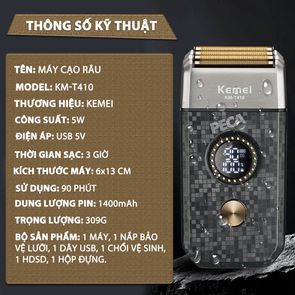 Máy cạo râu Kemei KM-KM-T410 lưỡi nổi 3D điều chỉnh 10 mức tốc độ, cạo sạch nhanh, màn hình LCD, công suất mạnh mẽ 5W - Hàng chính hãng