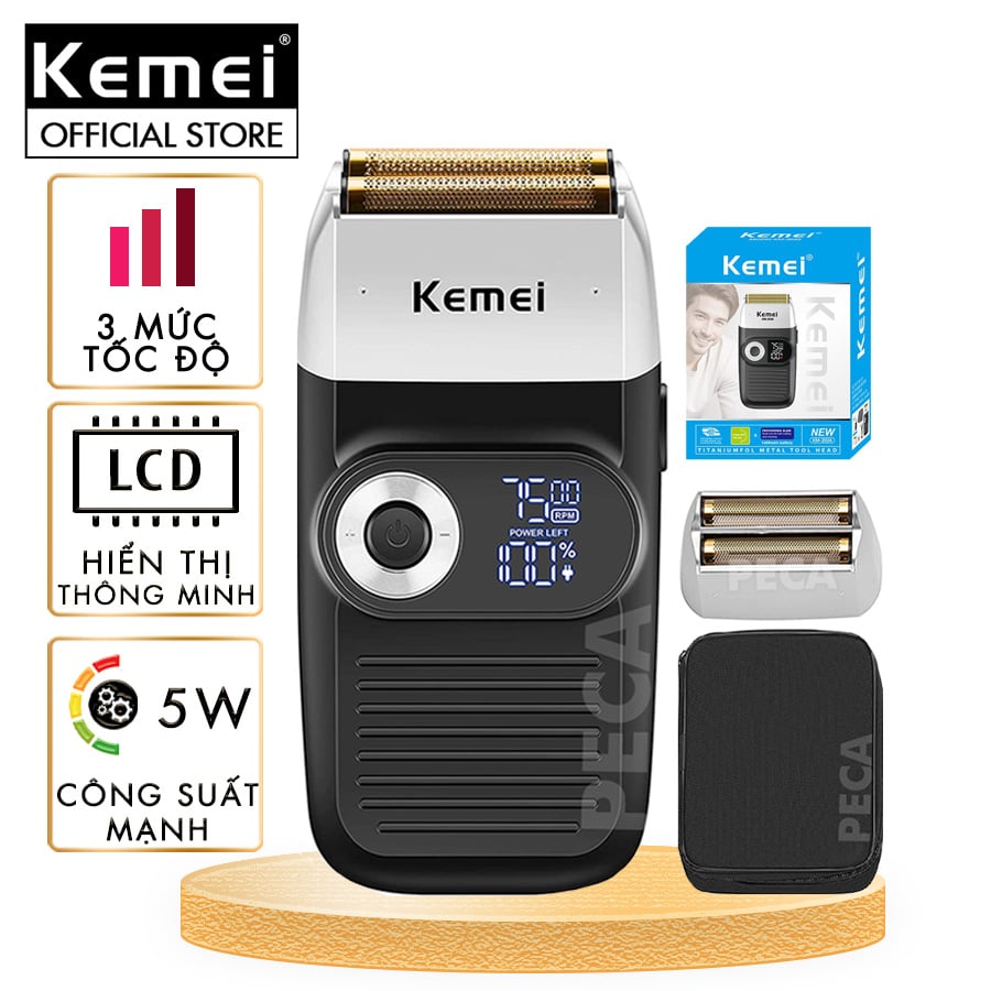 Máy cạo râu lưỡi kép 3 mức tốc độ Kemei KM-2026 màn hình LCD, công suất 5w mạnh mẽ, có thể fade trắng