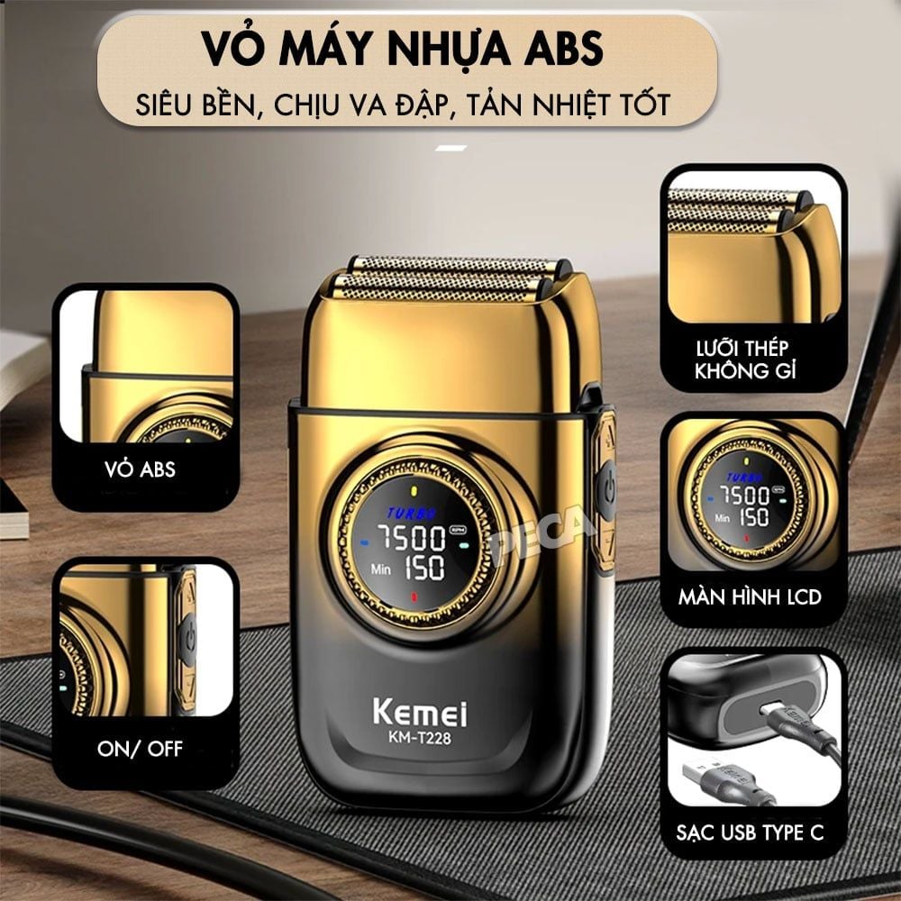 Máy cạo râu Kemei KM-T228 lưỡi kép nổi cạo sạch nhanh, 3 mức tốc độ, màn hình LCD, công suất mạnh mẽ 5W - Hàng chính hãng
