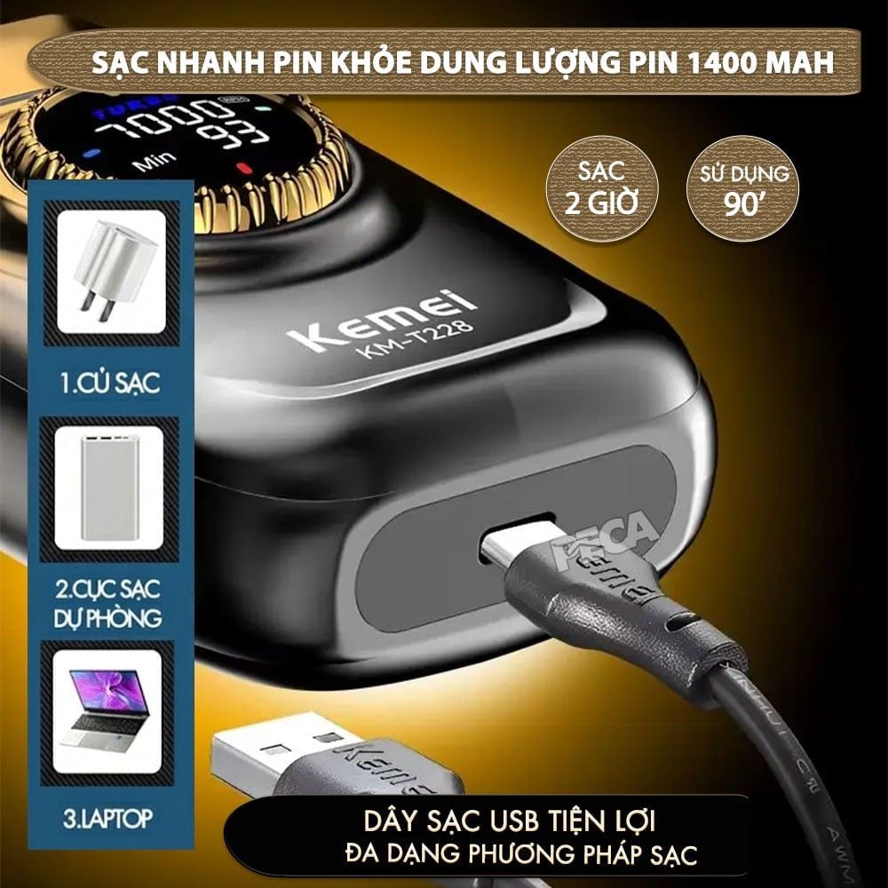 Máy cạo râu Kemei KM-T228 lưỡi kép nổi cạo sạch nhanh, 3 mức tốc độ, màn hình LCD, công suất mạnh mẽ 5W - Hàng chính hãng