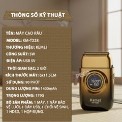 Máy cạo râu Kemei KM-T228 lưỡi kép nổi cạo sạch nhanh, 3 mức tốc độ, màn hình LCD, công suất mạnh mẽ 5W - Hàng chính hãng
