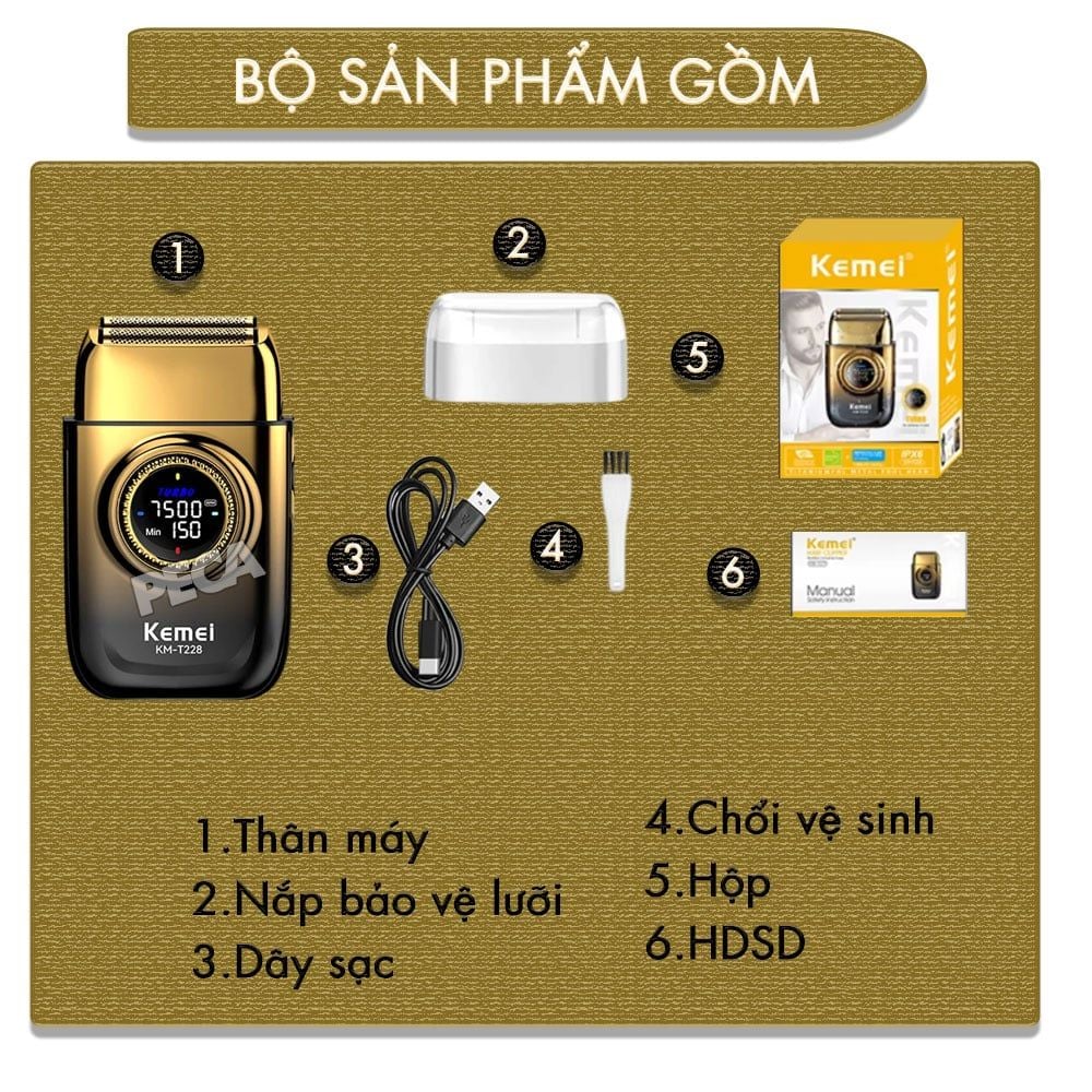 Máy cạo râu Kemei KM-T228 lưỡi kép nổi cạo sạch nhanh, 3 mức tốc độ, màn hình LCD, công suất mạnh mẽ 5W - Hàng chính hãng