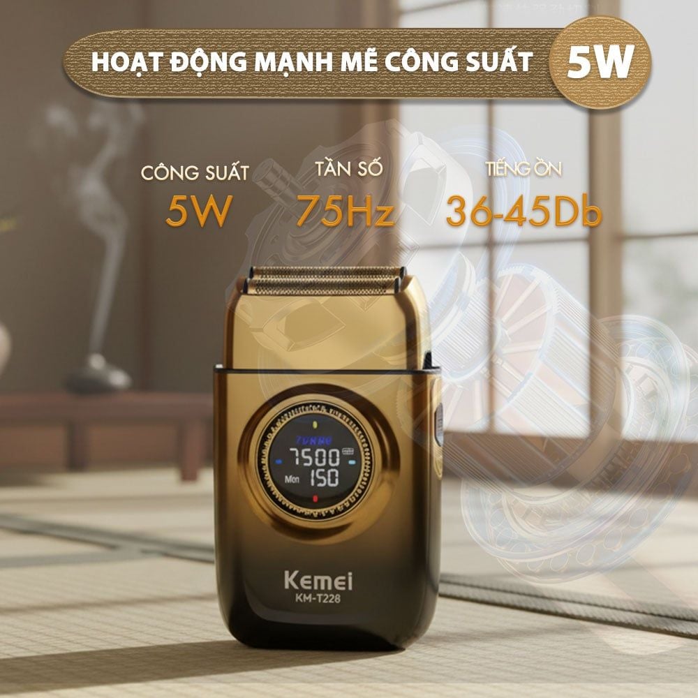 Máy cạo râu Kemei KM-T228 lưỡi kép nổi cạo sạch nhanh, 3 mức tốc độ, màn hình LCD, công suất mạnh mẽ 5W - Hàng chính hãng