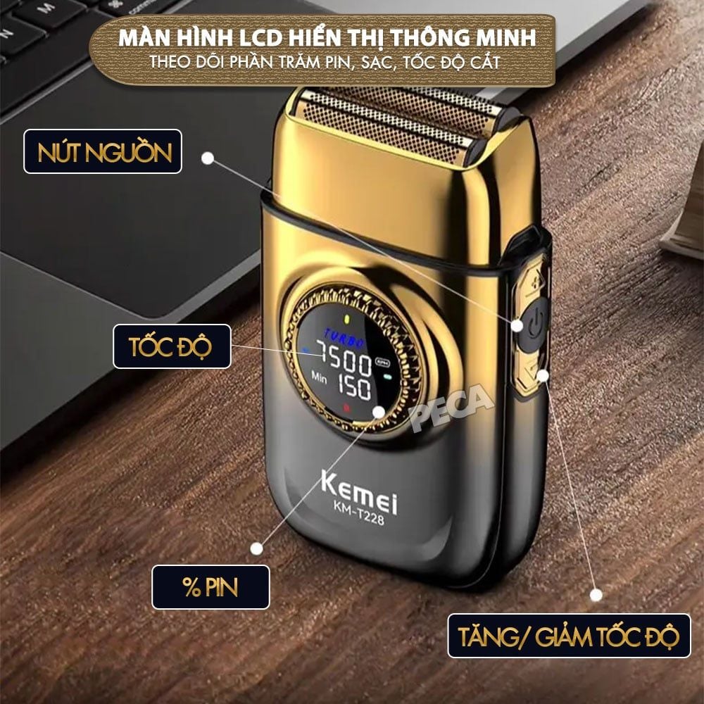 Máy cạo râu Kemei KM-T228 lưỡi kép nổi cạo sạch nhanh, 3 mức tốc độ, màn hình LCD, công suất mạnh mẽ 5W - Hàng chính hãng