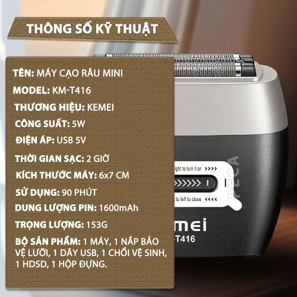 Máy cạo râu mini Kemei KM-T416 cao cấp 5 lưỡi cạo động cơ siêu tốc 13.000 RPM cạo sạch sâu - Chính hãng