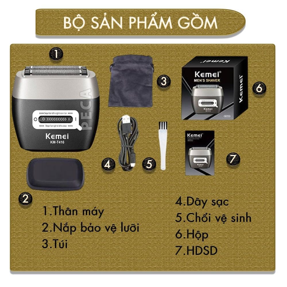 Máy cạo râu mini Kemei KM-T416 cao cấp 5 lưỡi cạo động cơ siêu tốc 13.000 RPM cạo sạch sâu - Chính hãng