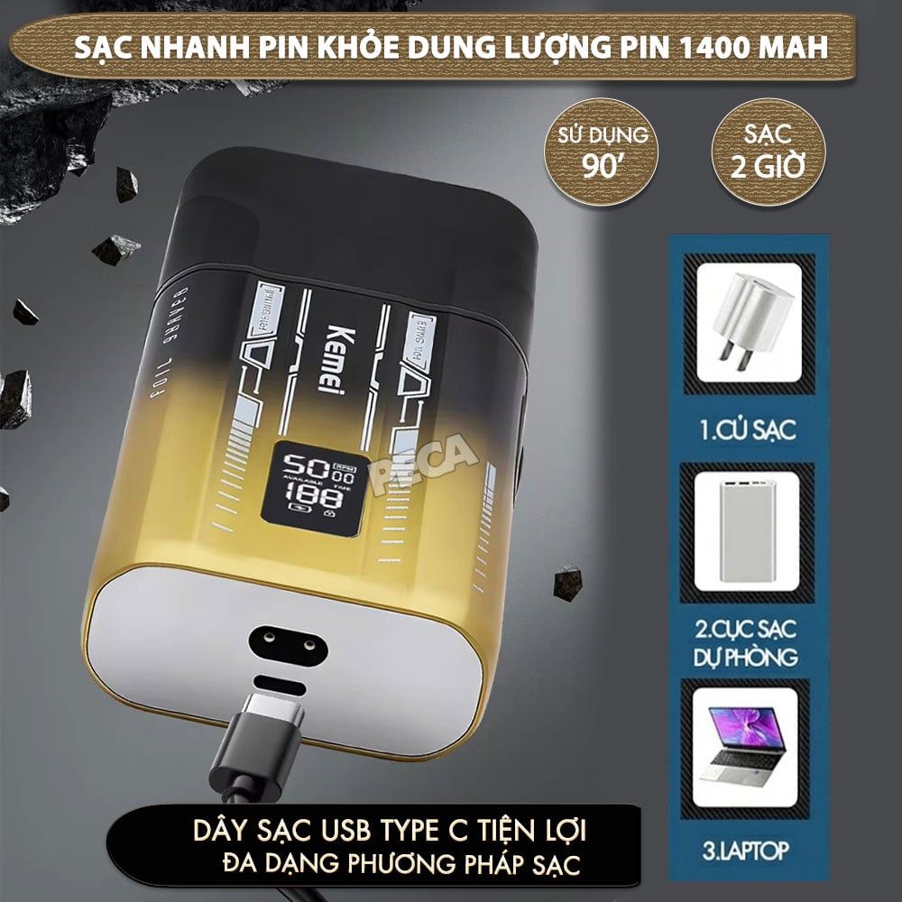 Máy cạo râu Kemei KM-T418 tích hợp đèn khử khuẩn UV, lưỡi kép cạo sạch nhanh, màn hình LCD, công suất mạnh mẽ 5W - Hàng chính hãng