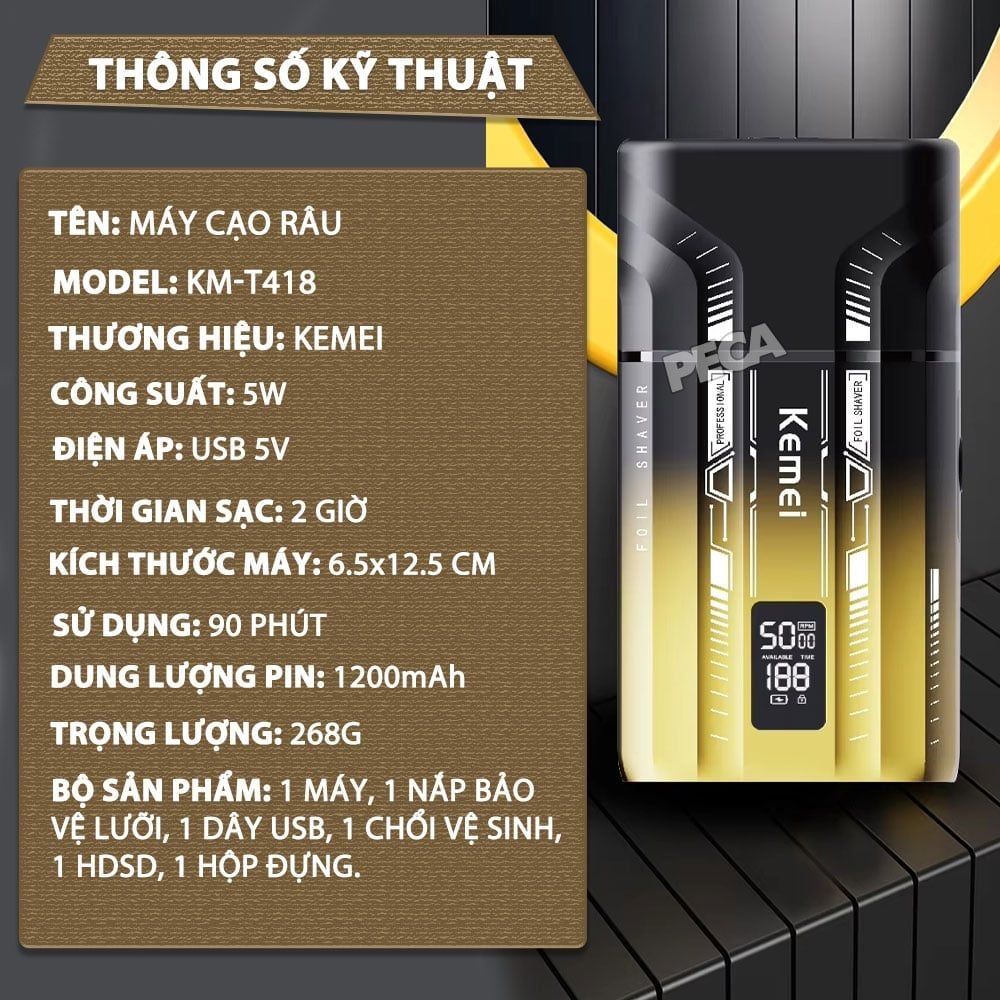 Máy cạo râu Kemei KM-T418 tích hợp đèn khử khuẩn UV, lưỡi kép cạo sạch nhanh, màn hình LCD, công suất mạnh mẽ 5W - Hàng chính hãng
