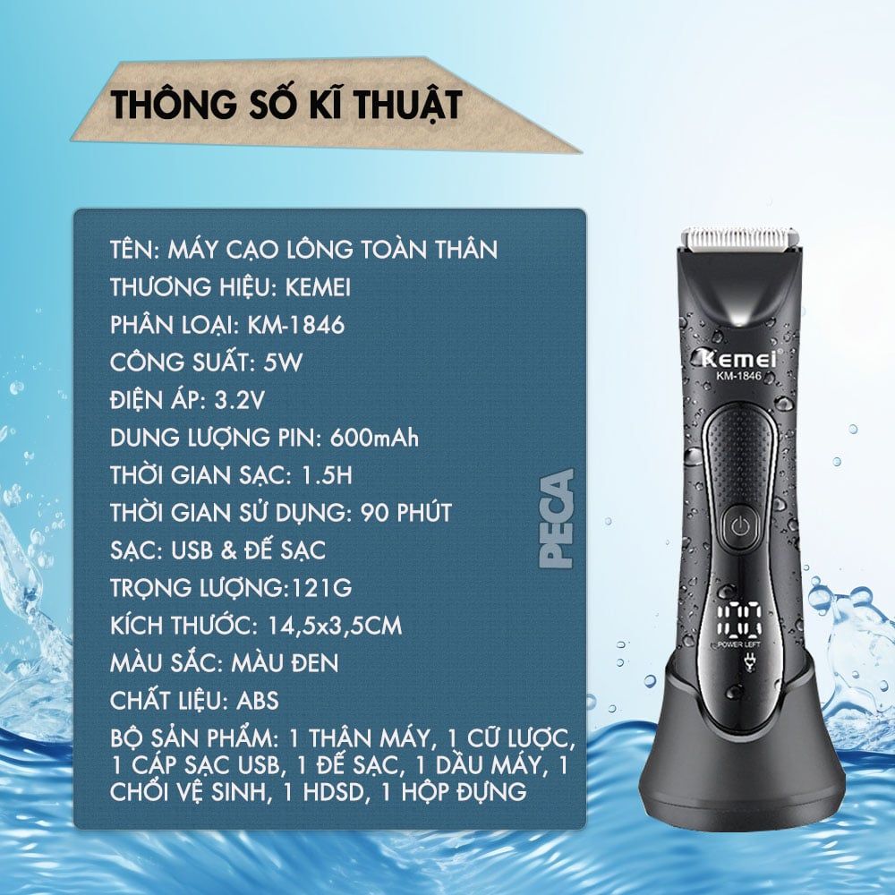 Máy cạo lông Body KEMEI KM-1846 chống nước - Tông đơ vùng kín, nách & toàn thân an toàn, không đau - Chính hãng