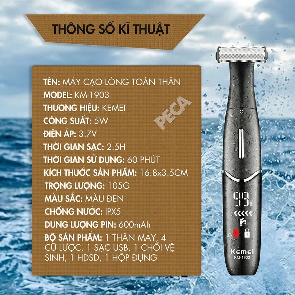 Máy tỉa lông vùng kín KEMEI KM-1903 cạo lông Body, Bikini chuyên dụng, Lưỡi kép an toàn cho da - Chính hãng