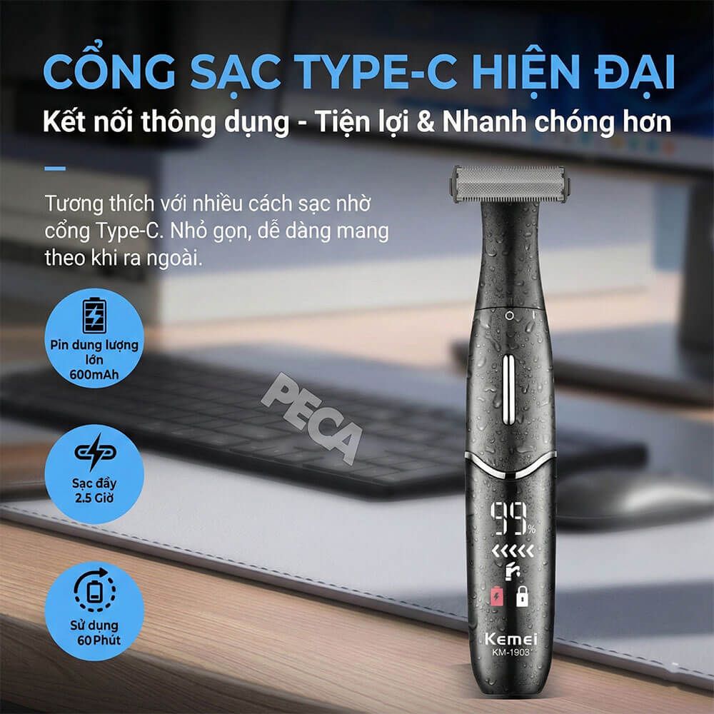 Máy tỉa lông vùng kín KEMEI KM-1903 cạo lông Body, Bikini chuyên dụng, Lưỡi kép an toàn cho da - Chính hãng