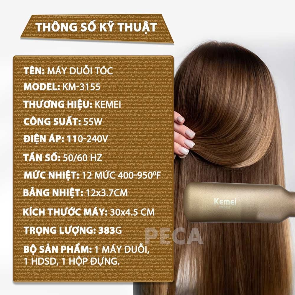 Máy duỗi tóc Kemei KM-3155 bản 3.7cm phủ gốm Ceramic màn hình LED, 12 mức nhiệt, nóng nhanh 30s - Chính hãng