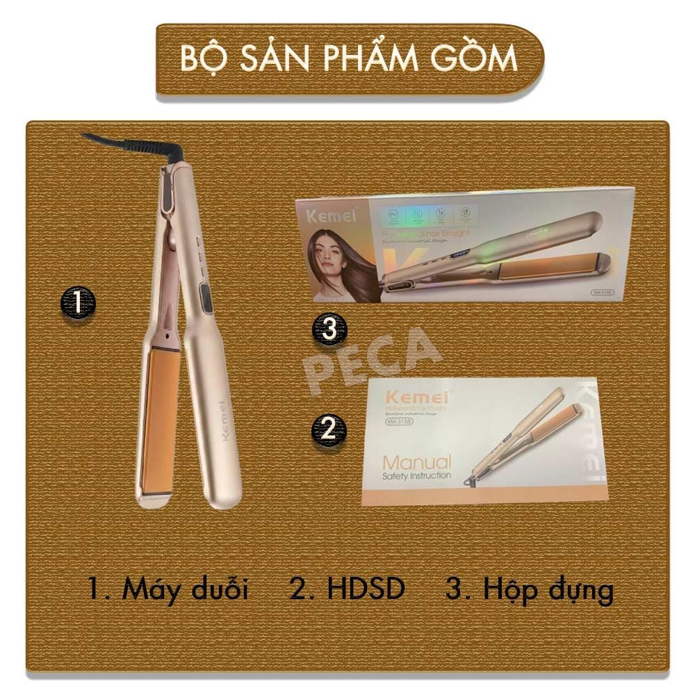 Máy duỗi tóc Kemei KM-3155 bản 3.7cm phủ gốm Ceramic màn hình LED, 12 mức nhiệt, nóng nhanh 30s - Chính hãng