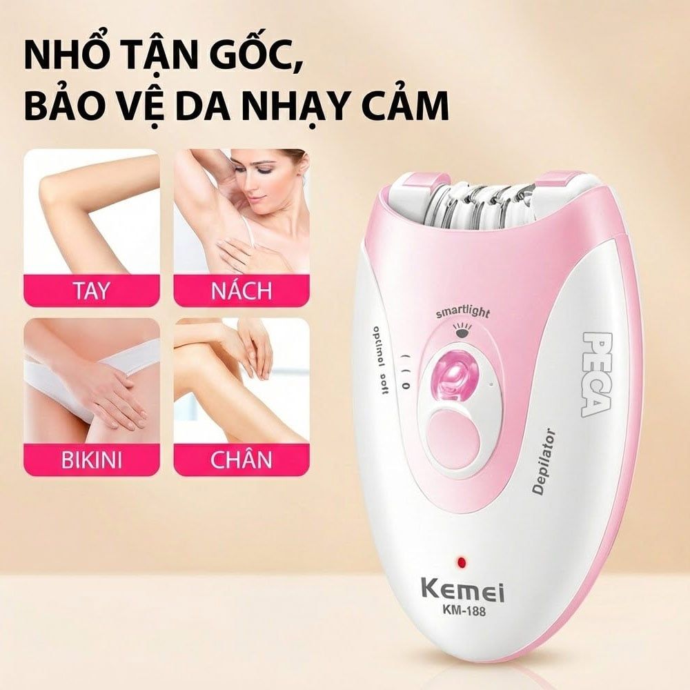 Máy tẩy lông Kemei KM-188 tẩy nhổ lông toàn thân, dùng pin sạc chuyên nghiệp - Hàng chính hãng