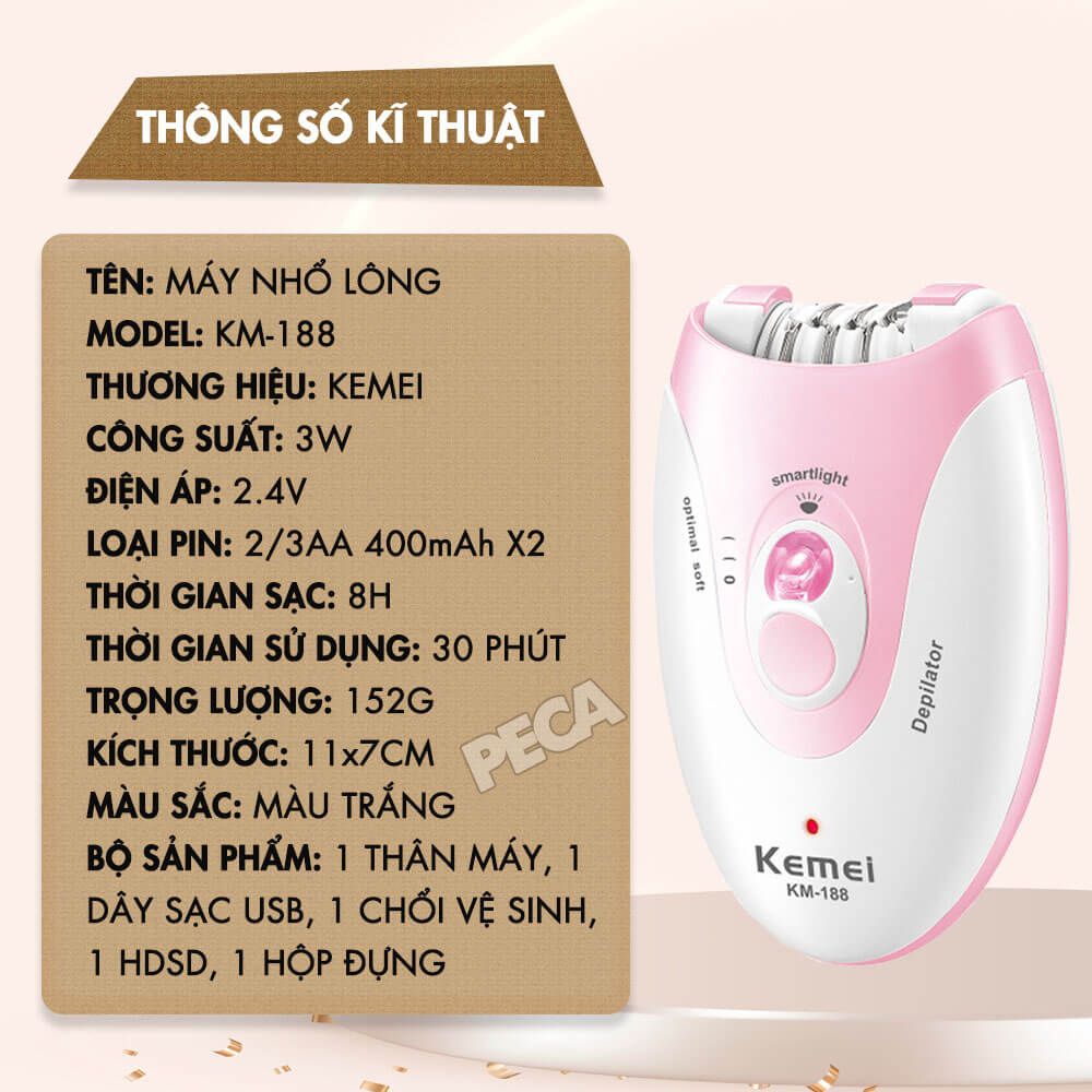 Máy tẩy lông Kemei KM-188 tẩy nhổ lông toàn thân, dùng pin sạc chuyên nghiệp - Hàng chính hãng