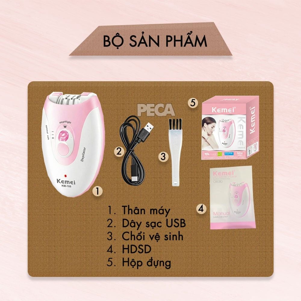 Máy tẩy lông Kemei KM-188 tẩy nhổ lông toàn thân, dùng pin sạc chuyên nghiệp - Hàng chính hãng