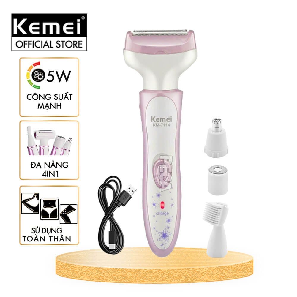 Máy cạo lông đa năng 4 trong 1 Kemei KM-7114 tỉa lông mày, mũi, nách, bikini, toàn thân êm ái sạc USB - Chính hãng