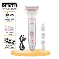 Máy cạo lông đa năng 4 trong 1 Kemei KM-7114 tỉa lông mày, mũi, nách, bikini, toàn thân êm ái sạc USB - Chính hãng