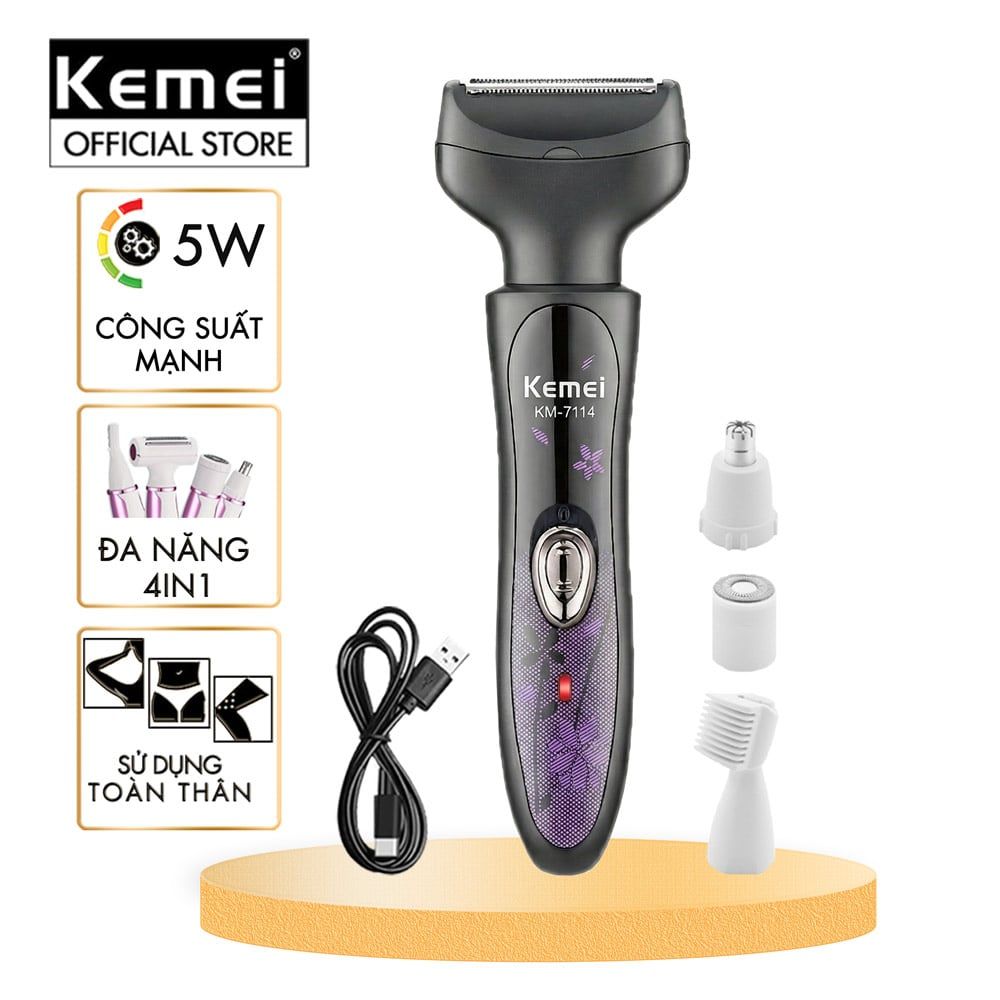 Máy cạo lông đa năng 4 trong 1 Kemei KM-7114 tỉa lông mày, mũi, nách, bikini, toàn thân êm ái sạc USB - Chính hãng