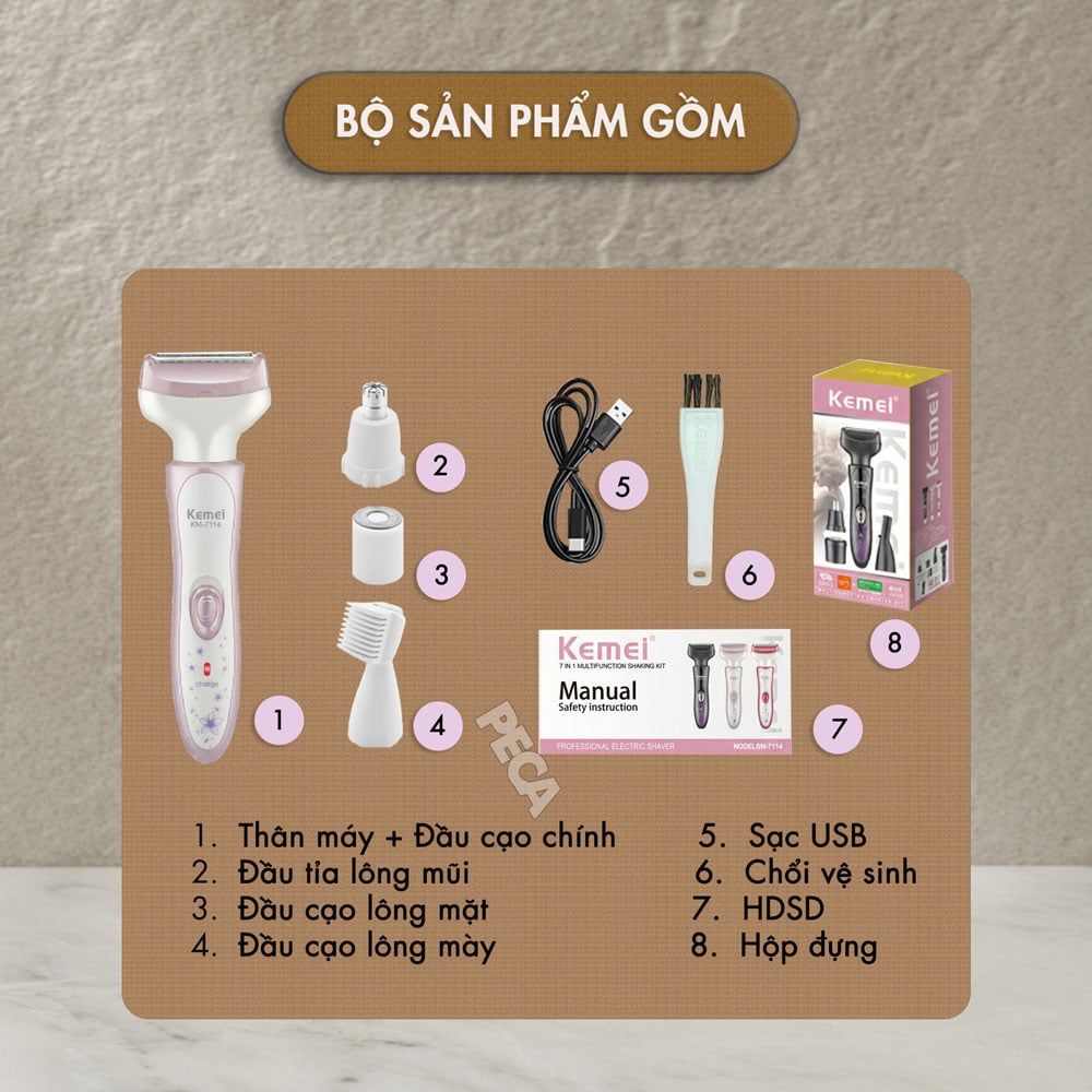 Máy cạo lông đa năng 4 trong 1 Kemei KM-7114 tỉa lông mày, mũi, nách, bikini, toàn thân êm ái sạc USB - Chính hãng