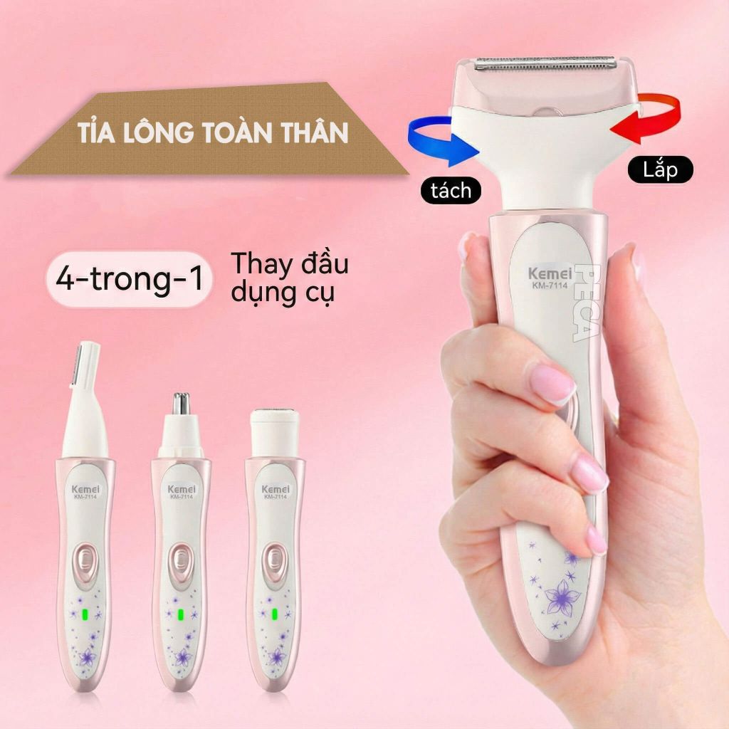Máy cạo lông đa năng 4 trong 1 Kemei KM-7114 tỉa lông mày, mũi, nách, bikini, toàn thân êm ái sạc USB - Chính hãng