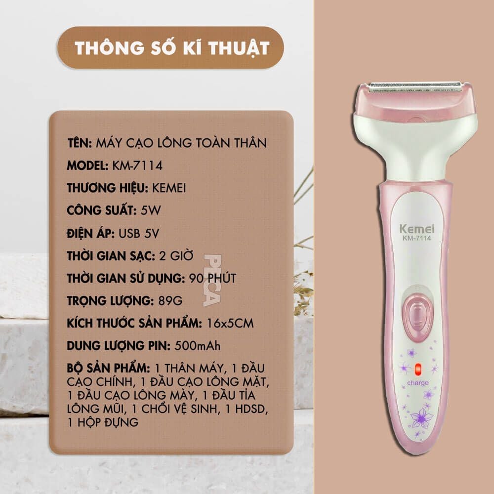 Máy cạo lông đa năng 4 trong 1 Kemei KM-7114 tỉa lông mày, mũi, nách, bikini, toàn thân êm ái sạc USB - Chính hãng