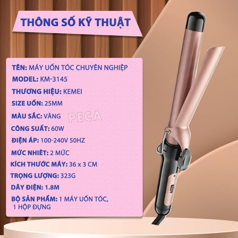 Máy uốn tóc KEMEI KM-3145 size 25mm tạo kiểu xoăn đuôi, nóng nhanh 30s - Chính hãng