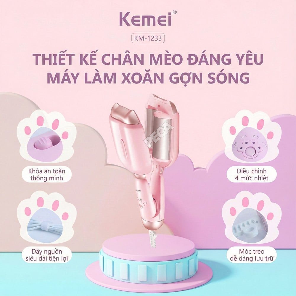 Máy uốn tóc sóng nước KEMEI KM-1233 tạo kiểu Hippie cá tính 4 mức nhiệt độ, size uốn 32mm - Chính hãng