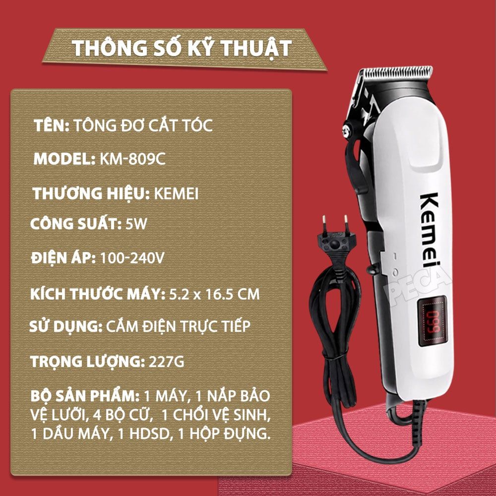 Tông đơ cắt tóc cắm điện trực tiếp KEMEI KM-809C chuyên nghiệp công suất mạnh 5W - Chính hãng