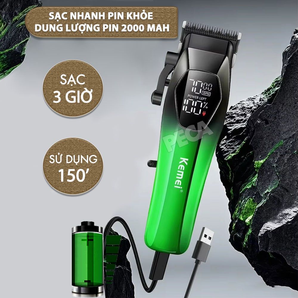 Tông đơ cắt tóc chuyên nghiệp Kemei KM-1371 công suất mạnh 5W lưỡi mạ ceramic cao cấp, màn hình LCD sạc nhanh USB type C tiện lợi - Chính hãng