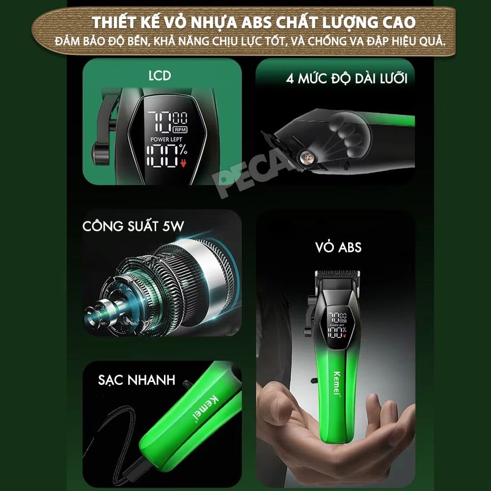 Tông đơ cắt tóc chuyên nghiệp Kemei KM-1371 công suất mạnh 5W lưỡi mạ ceramic cao cấp, màn hình LCD sạc nhanh USB type C tiện lợi - Chính hãng