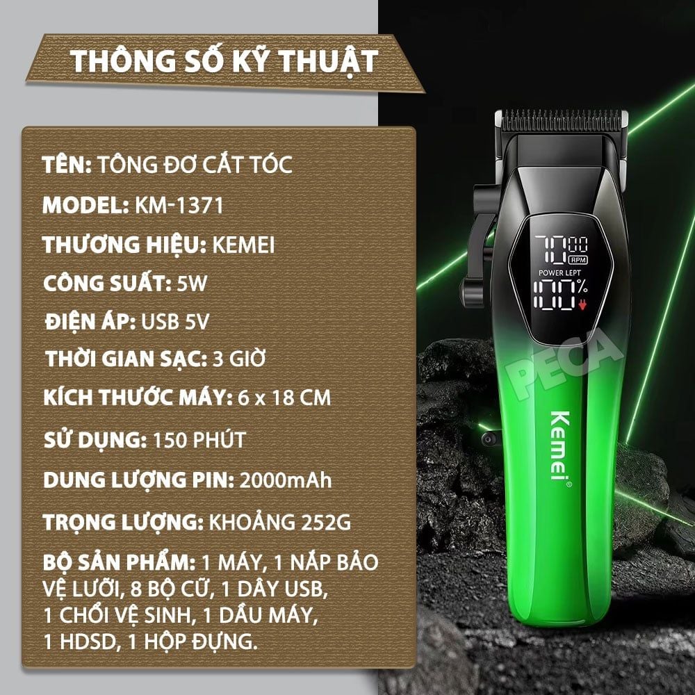 Tông đơ cắt tóc chuyên nghiệp Kemei KM-1371 công suất mạnh 5W lưỡi mạ ceramic cao cấp, màn hình LCD sạc nhanh USB type C tiện lợi - Chính hãng