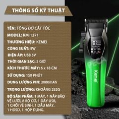 Tông đơ cắt tóc chuyên nghiệp Kemei KM-1371 công suất mạnh 5W lưỡi mạ ceramic cao cấp, màn hình LCD sạc nhanh USB type C tiện lợi - Chính hãng