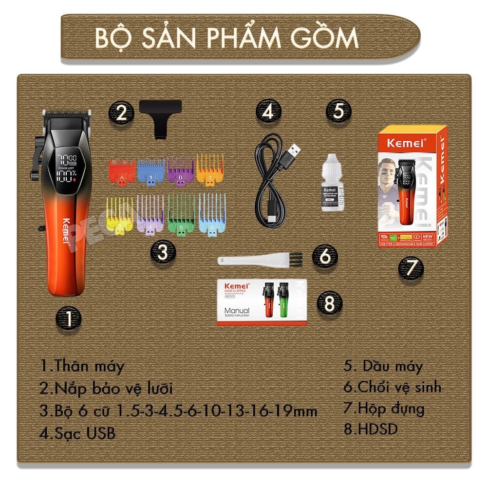 Tông đơ cắt tóc chuyên nghiệp Kemei KM-1371 công suất mạnh 5W lưỡi mạ ceramic cao cấp, màn hình LCD sạc nhanh USB type C tiện lợi - Chính hãng